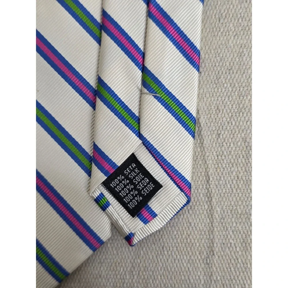 Rooster‎ Mens Silk Necktie White Blue Green Pink Striped Classic Tie